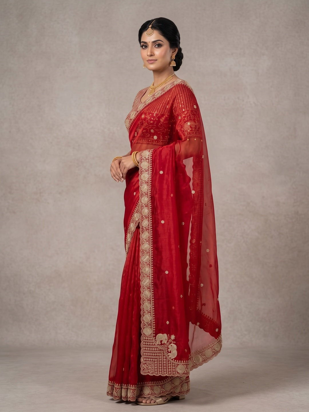 Peachmode Red Mirror Embroidered Fandy Satin Saree - Image 4