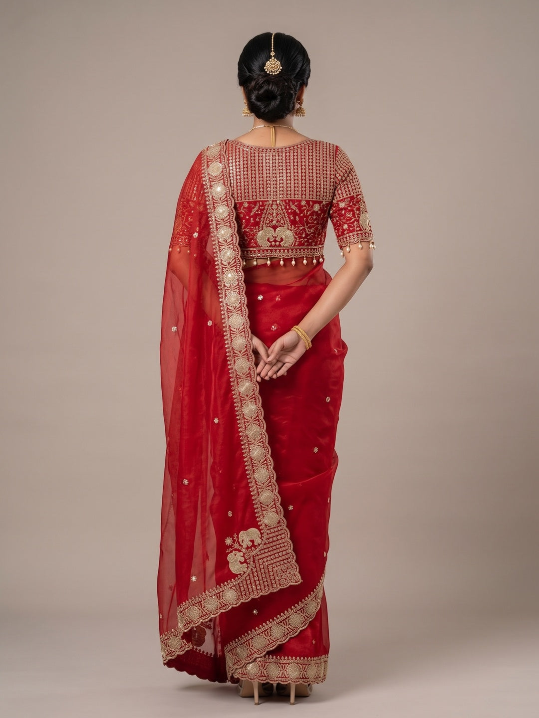 Peachmode Red Mirror Embroidered Fandy Satin Saree - Image 5