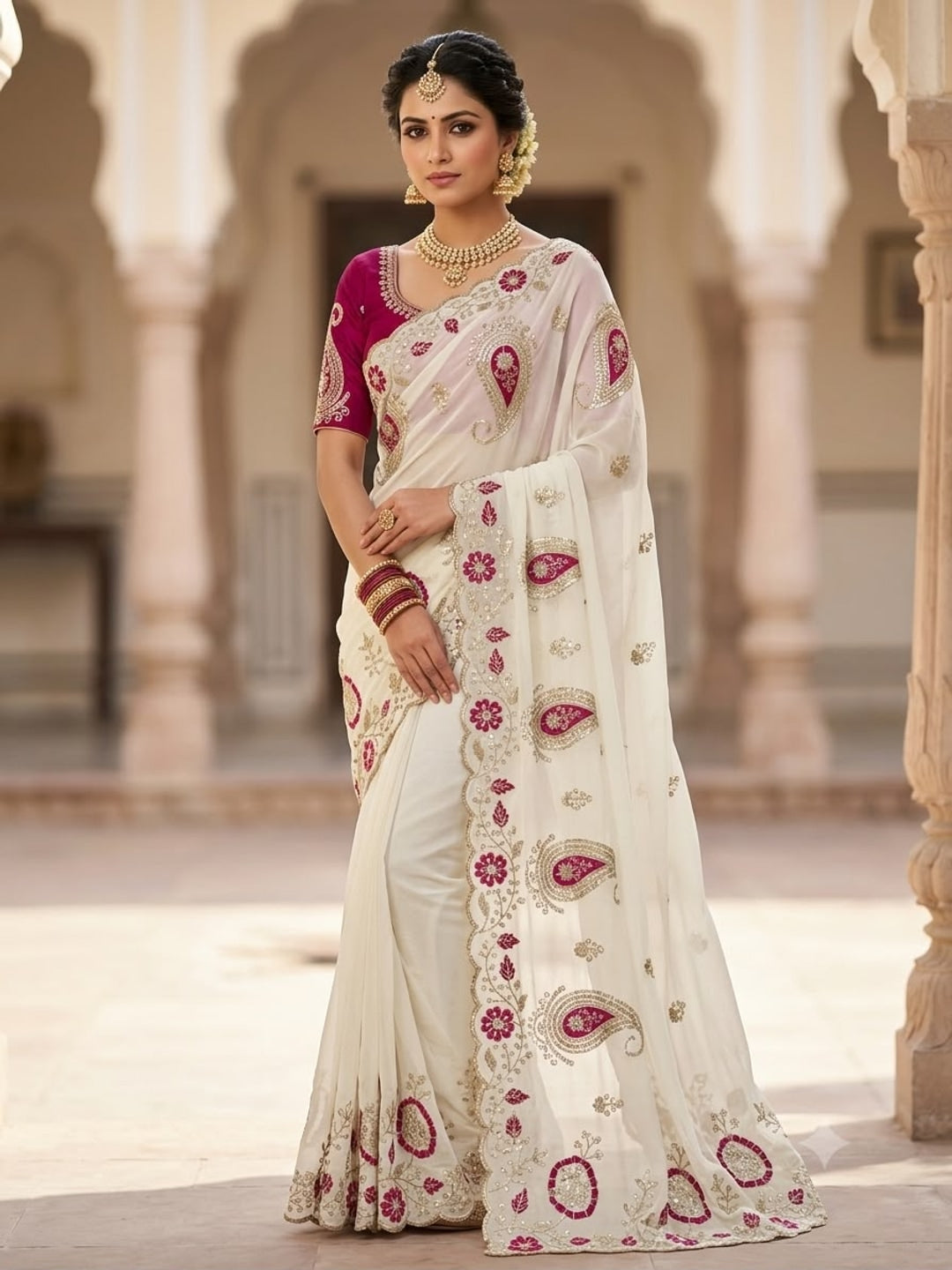 Peachmode Cream Embroidered Star Georgette Saree - Image 1