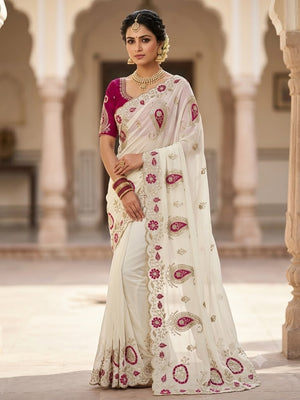 Peachmode Cream Embroidered Star Georgette Saree - Image 1