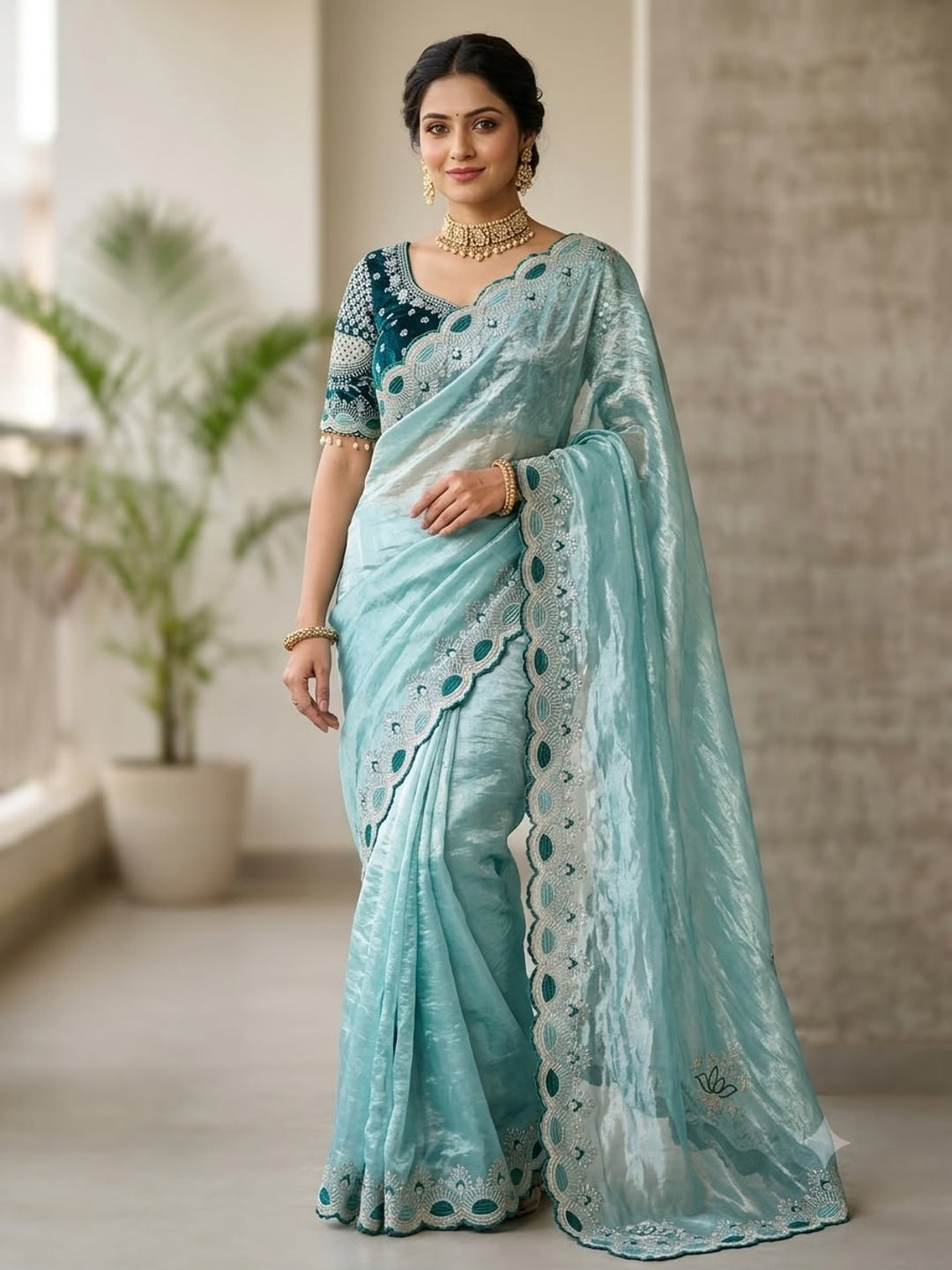 Peachmode Teal Blue Mirror Embroidered Fandy Satin Saree - Image 1