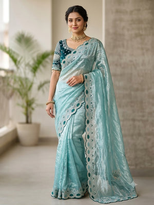 Peachmode Teal Blue Mirror Embroidered Fandy Satin Saree - Image 1