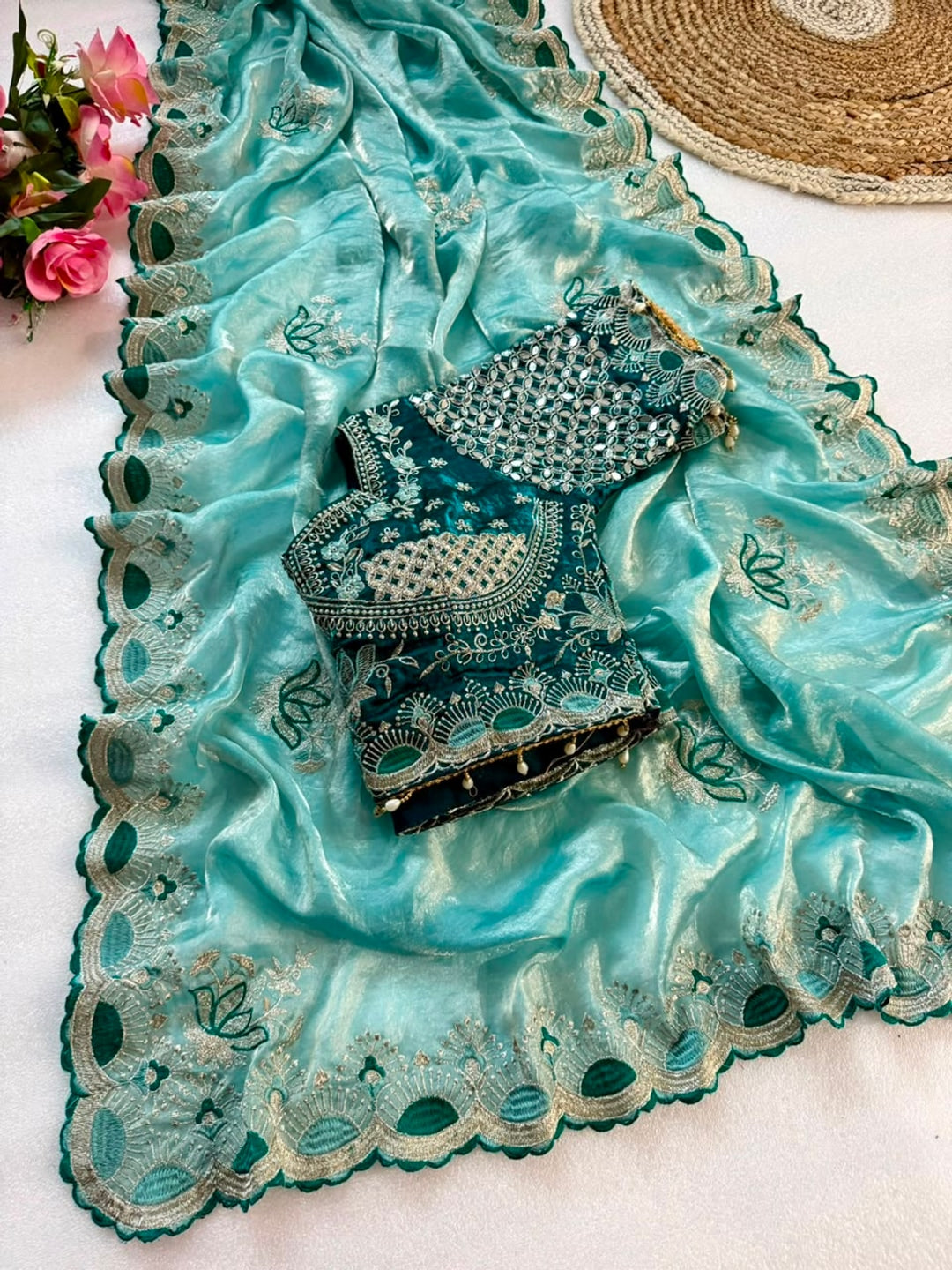 Peachmode Teal Blue Mirror Embroidered Fandy Satin Saree - Image 2