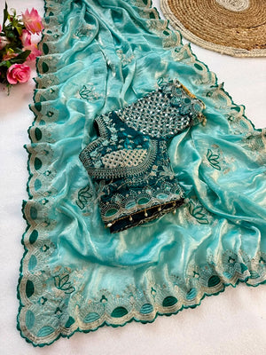 Peachmode Teal Blue Mirror Embroidered Fandy Satin Saree - Image 2