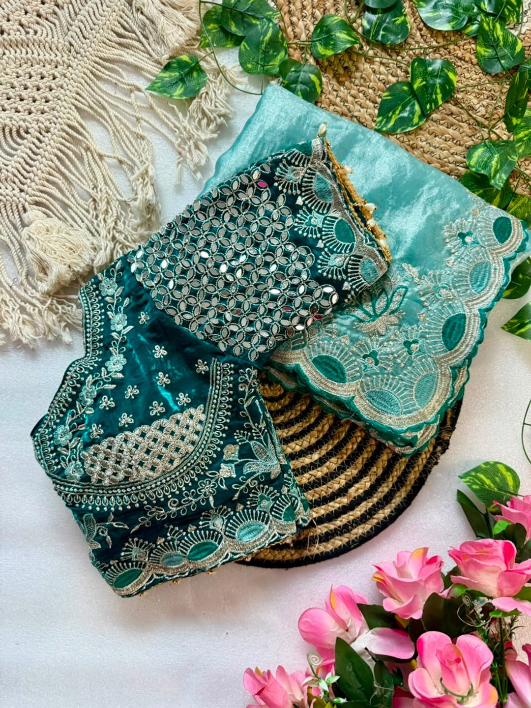 Peachmode Teal Blue Mirror Embroidered Fandy Satin Saree - Image 3