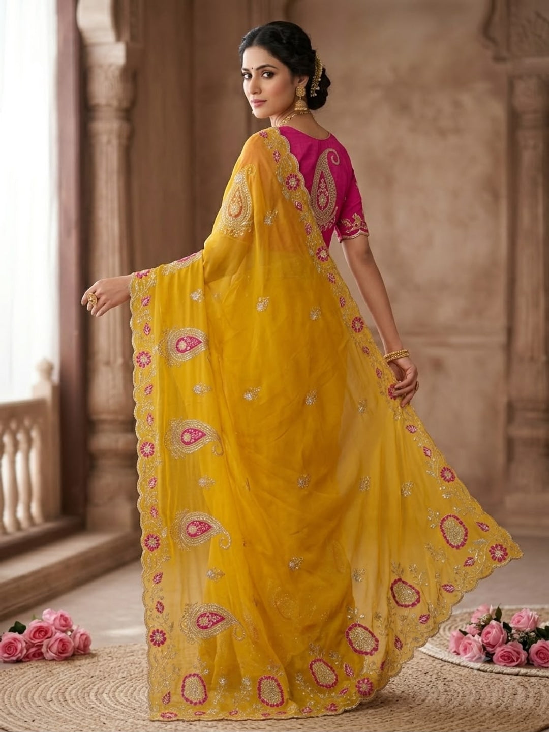 Peachmode Mustard Embroidered Star Georgette Saree - Image 3