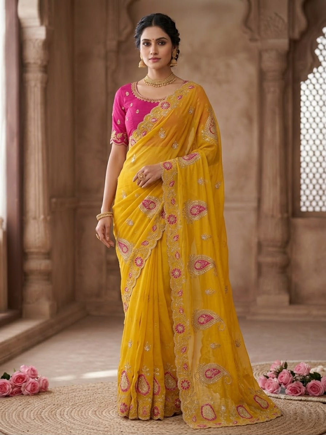 Peachmode Mustard Embroidered Star Georgette Saree - Image 1