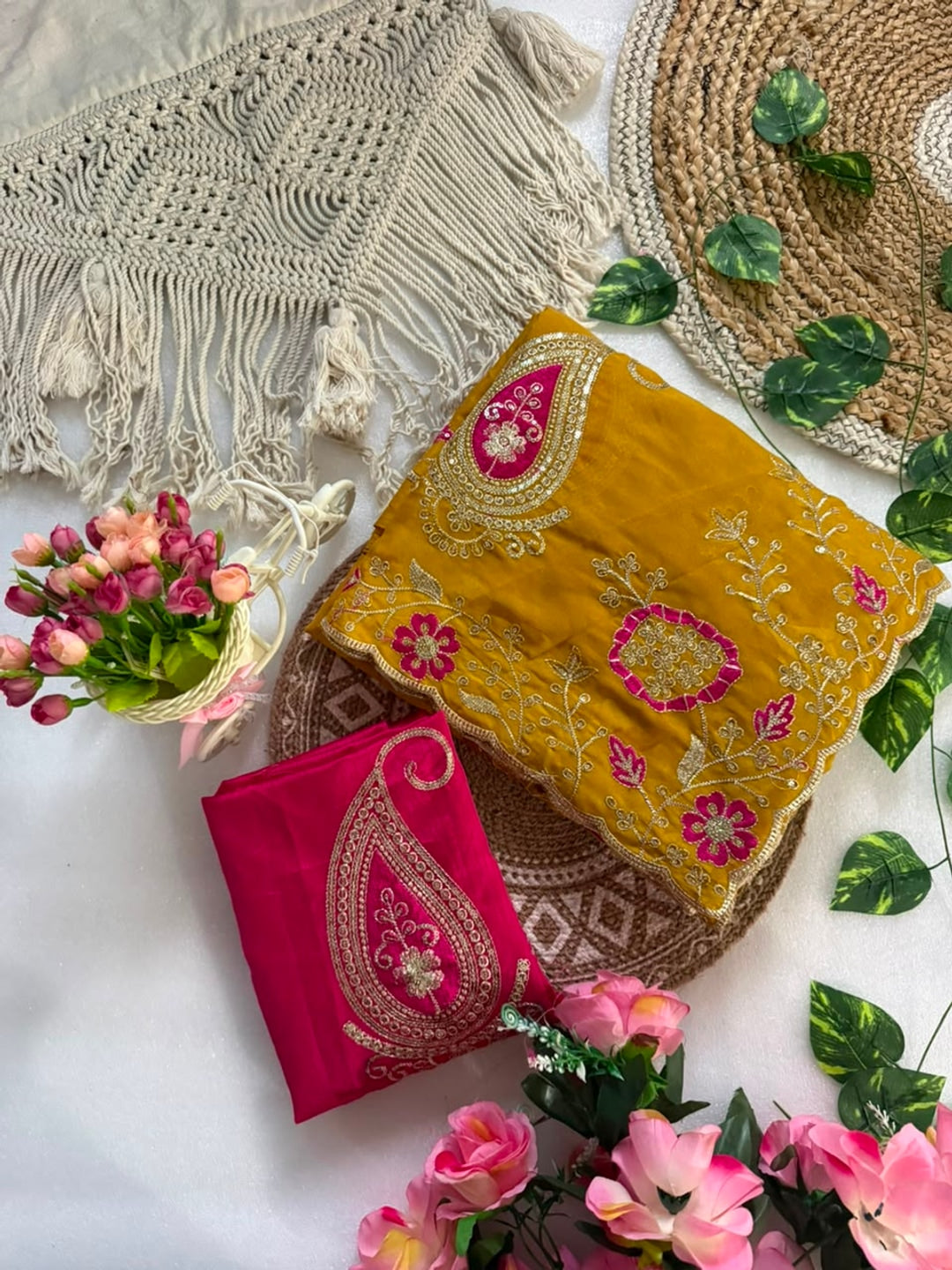 Peachmode Mustard Embroidered Star Georgette Saree - Image 4