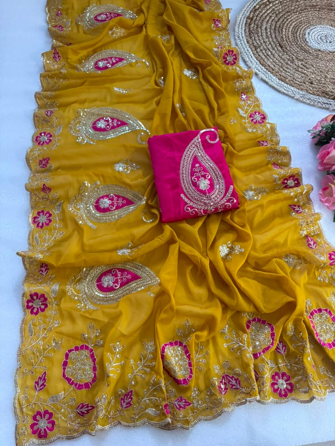 Peachmode Mustard Embroidered Star Georgette Saree - Image 5