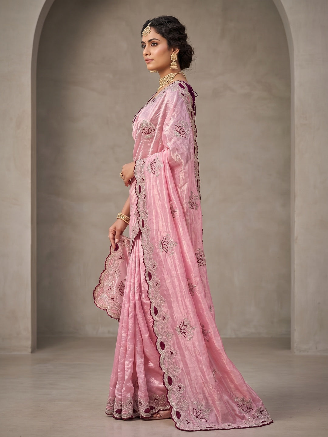 Peachmode Pink Mirror Embroidered Fandy Satin Saree - Image 4