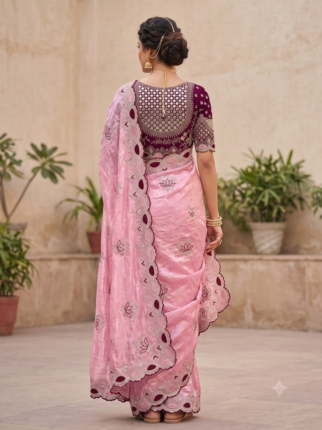 Peachmode Pink Mirror Embroidered Fandy Satin Saree - Image 5