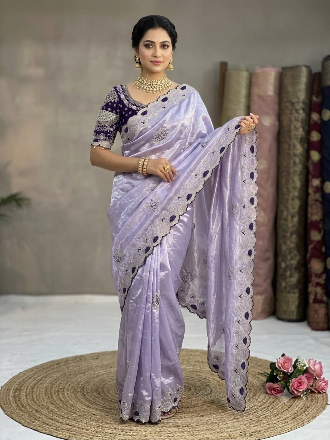 Peachmode Lavender Mirror Embroidered Fandy Satin Saree - Image 1