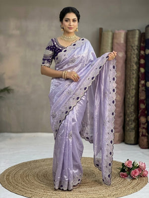 Peachmode Lavender Mirror Embroidered Fandy Satin Saree - Image 1