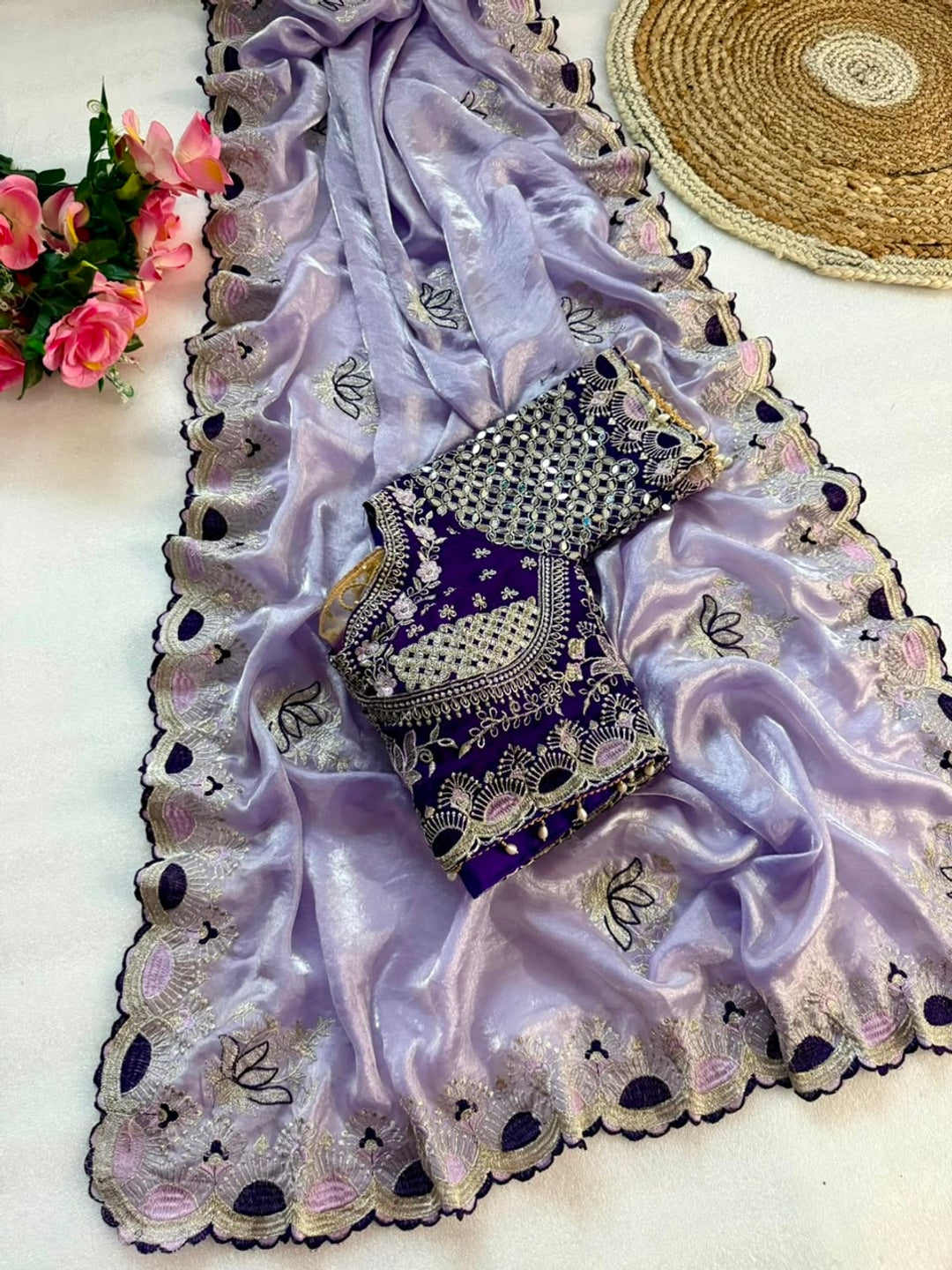 Peachmode Lavender Mirror Embroidered Fandy Satin Saree - Image 2