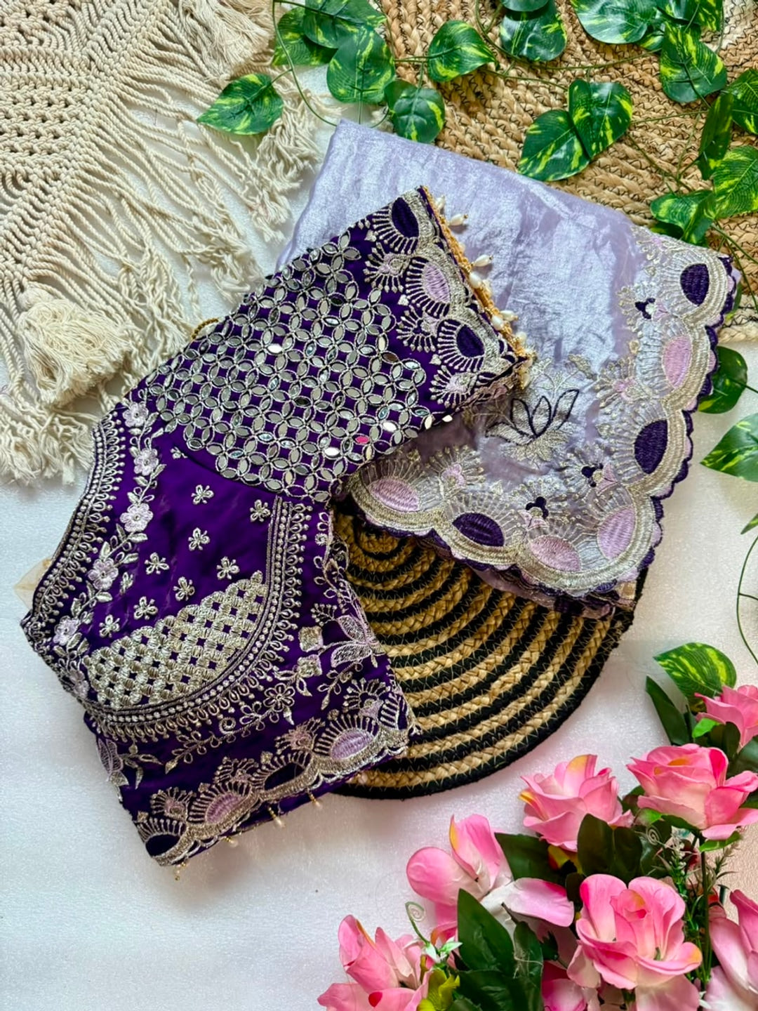 Peachmode Lavender Mirror Embroidered Fandy Satin Saree - Image 3