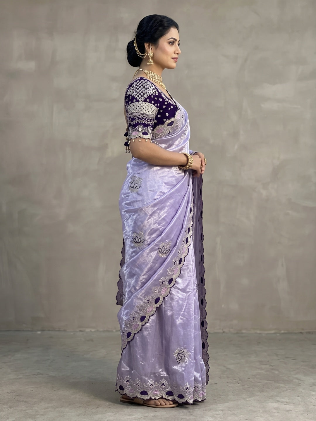 Peachmode Lavender Mirror Embroidered Fandy Satin Saree - Image 4