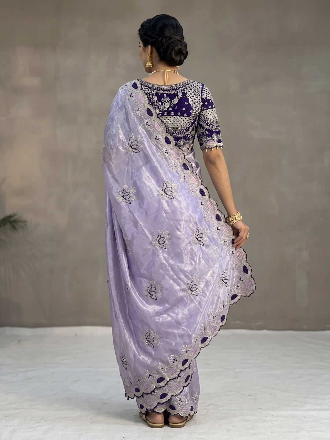 Peachmode Lavender Mirror Embroidered Fandy Satin Saree - Image 5