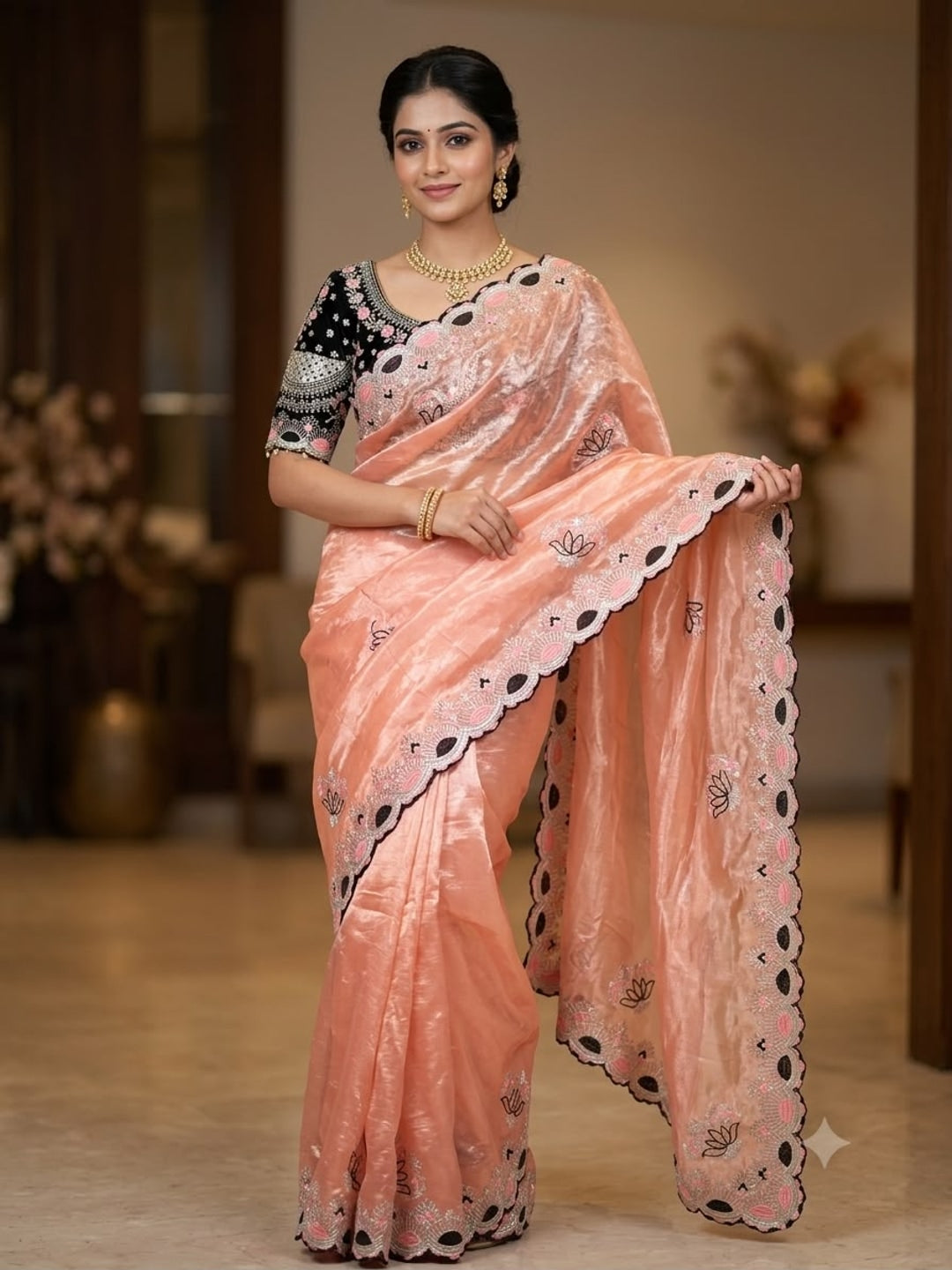 Peachmode Peach Mirror Embroidered Fandy Satin Saree - Image 1