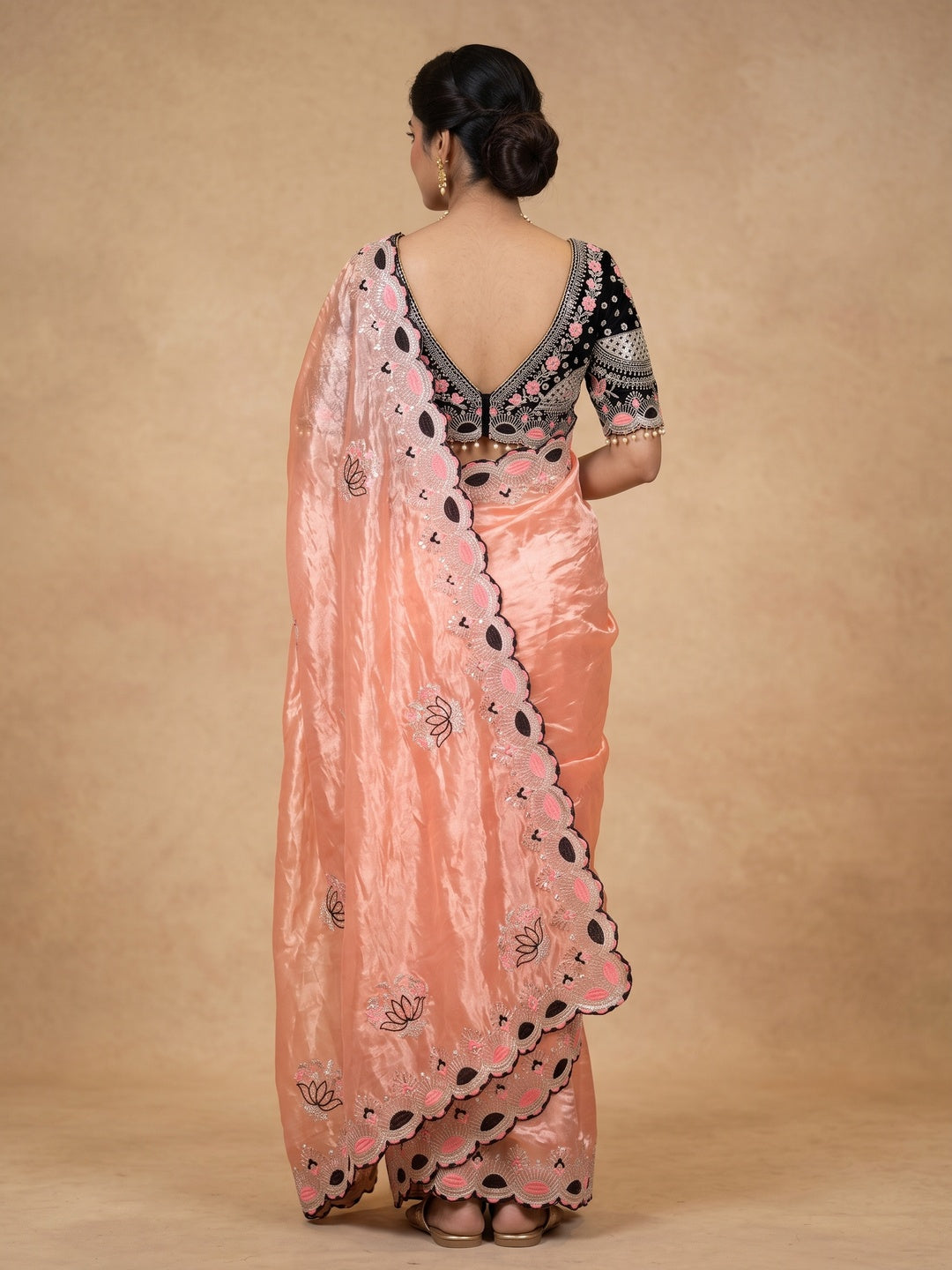 Peachmode Peach Mirror Embroidered Fandy Satin Saree - Image 5