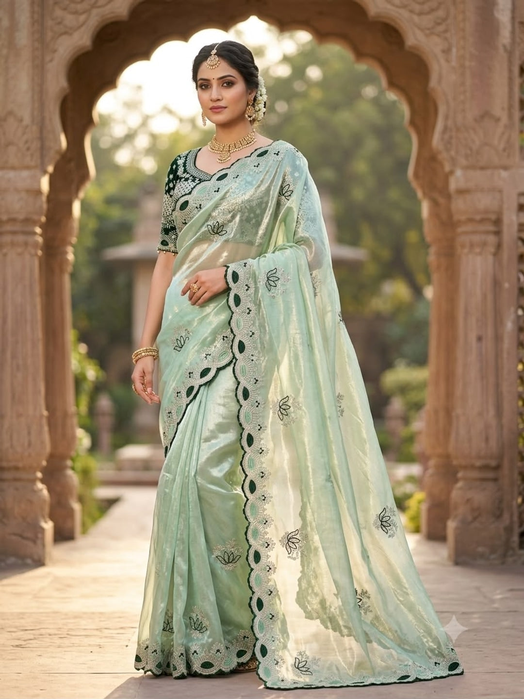 Peachmode Mint Green Mirror Embroidered Fandy Satin Saree - Image 1