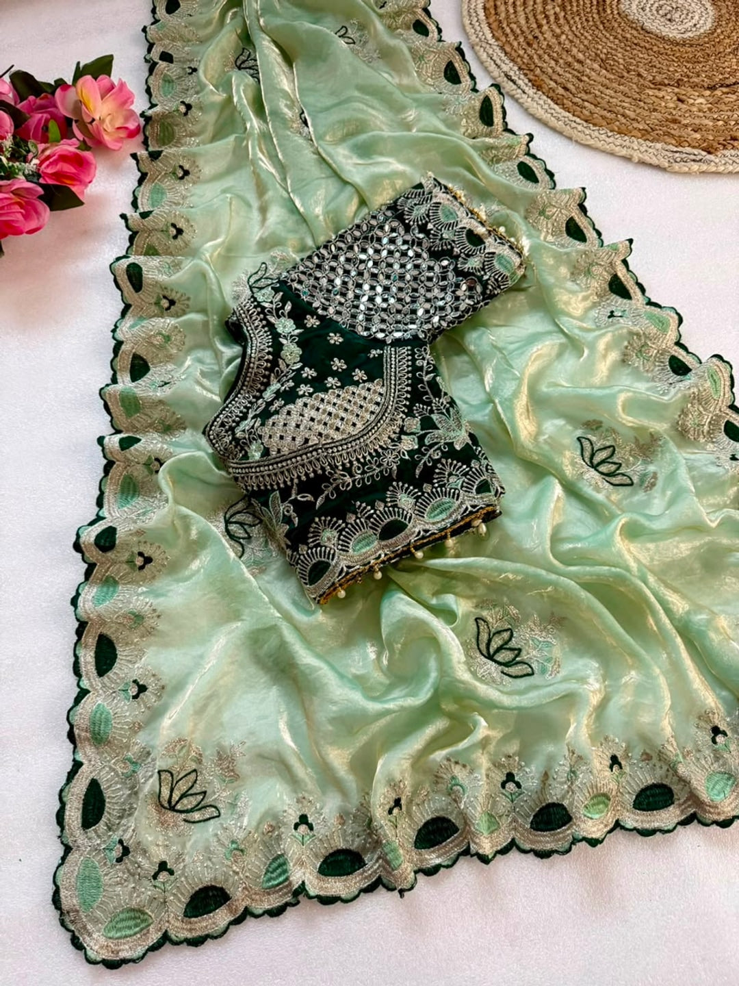 Peachmode Mint Green Mirror Embroidered Fandy Satin Saree - Image 2
