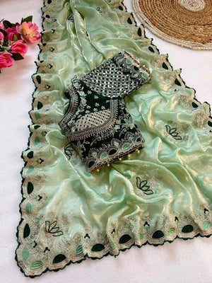 Peachmode Mint Green Mirror Embroidered Fandy Satin Saree - Image 2