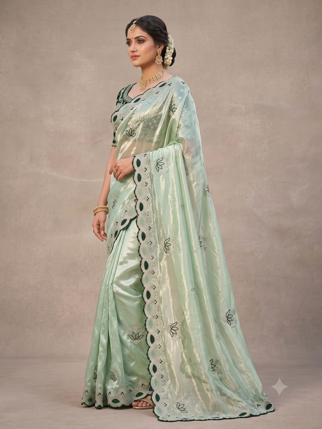 Peachmode Mint Green Mirror Embroidered Fandy Satin Saree - Image 4