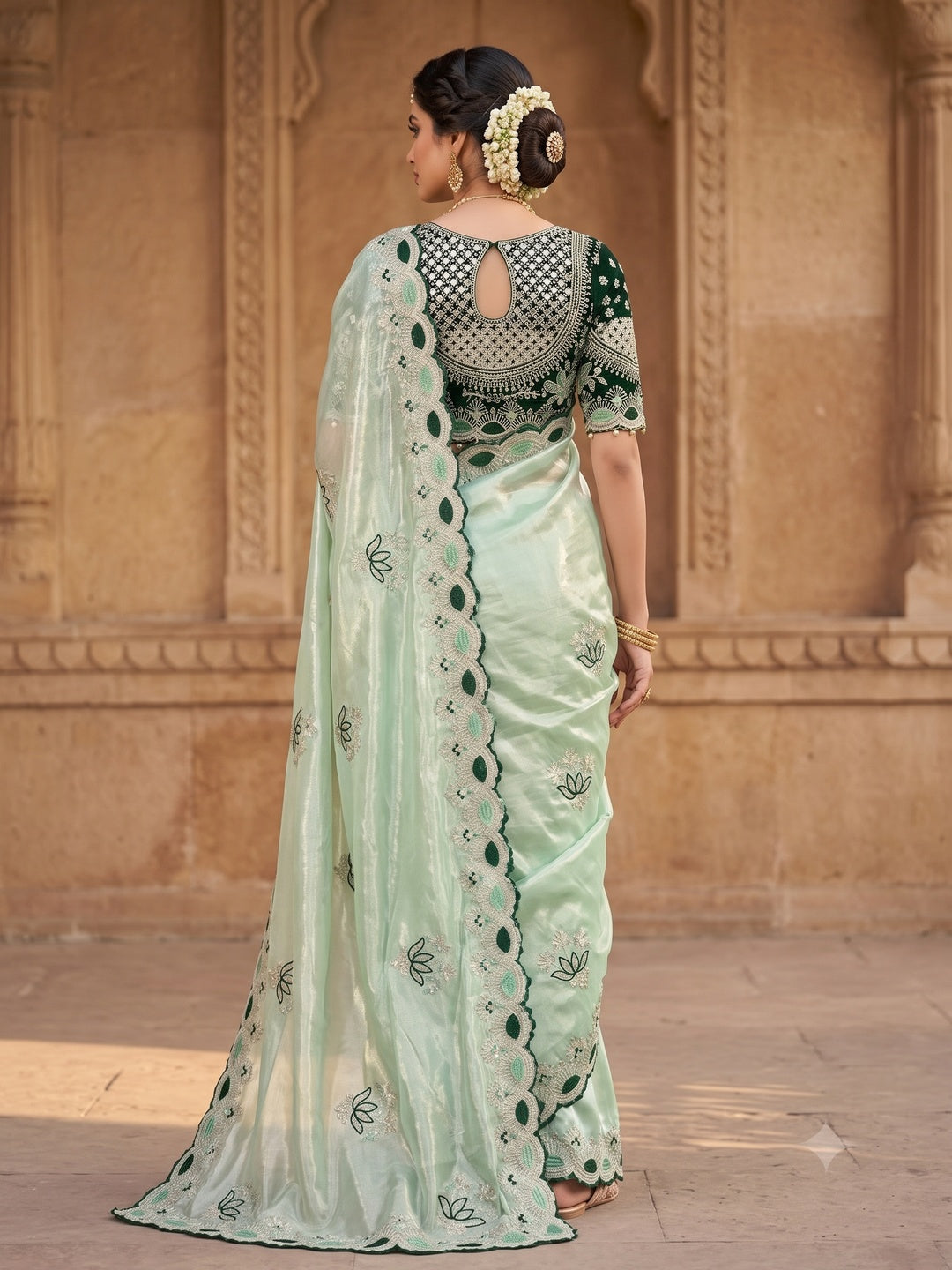 Peachmode Mint Green Mirror Embroidered Fandy Satin Saree - Image 5