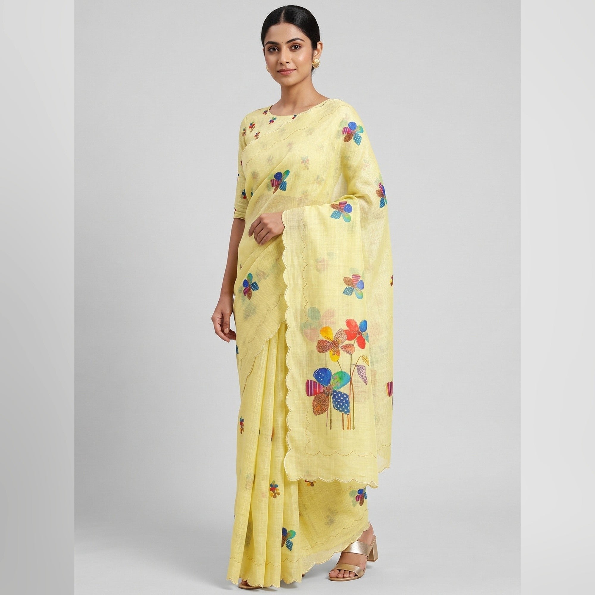 Yellow Linen Saree Featuring Floral Digital Print With Zari Outline & Cutwork Border - Image 1