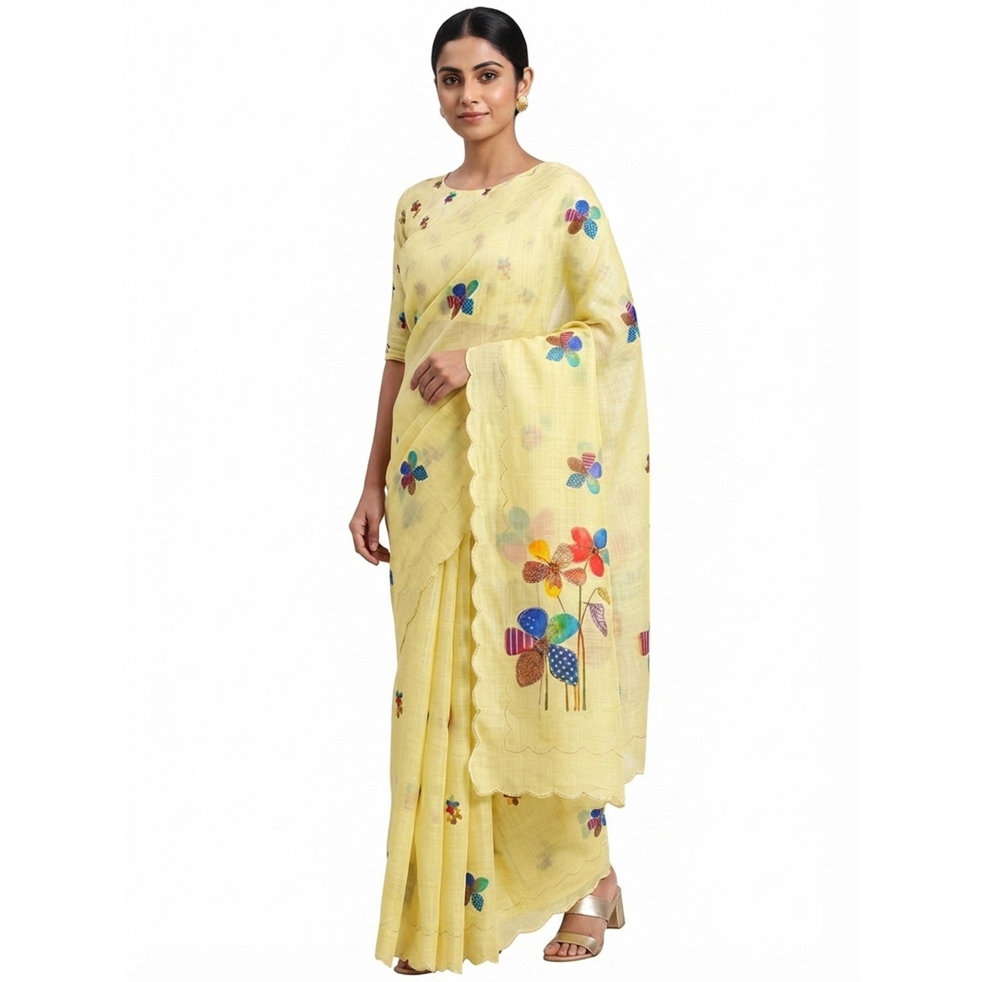 Yellow Linen Saree Featuring Floral Digital Print With Zari Outline & Cutwork Border - Image 2