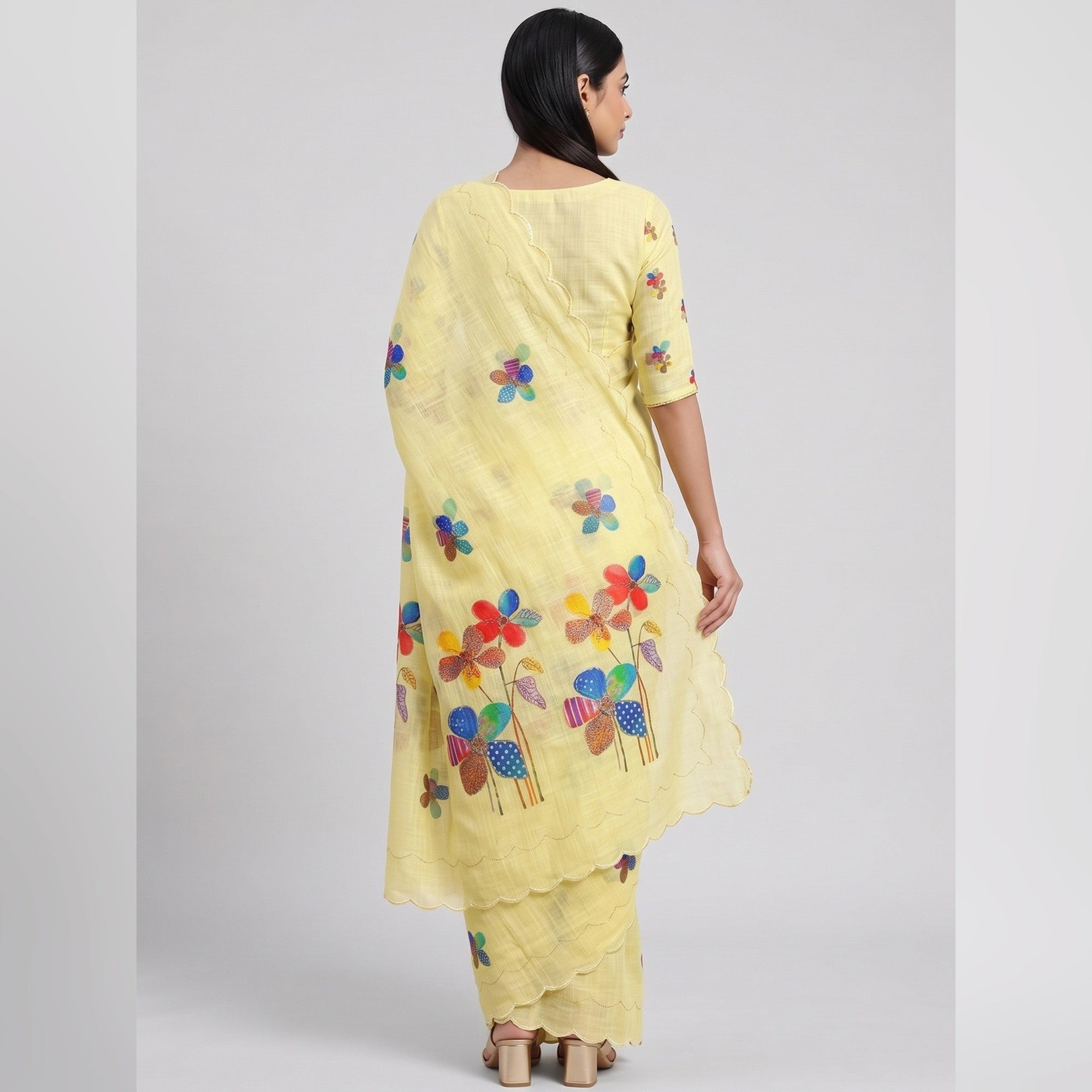 Yellow Linen Saree Featuring Floral Digital Print With Zari Outline & Cutwork Border - Image 3
