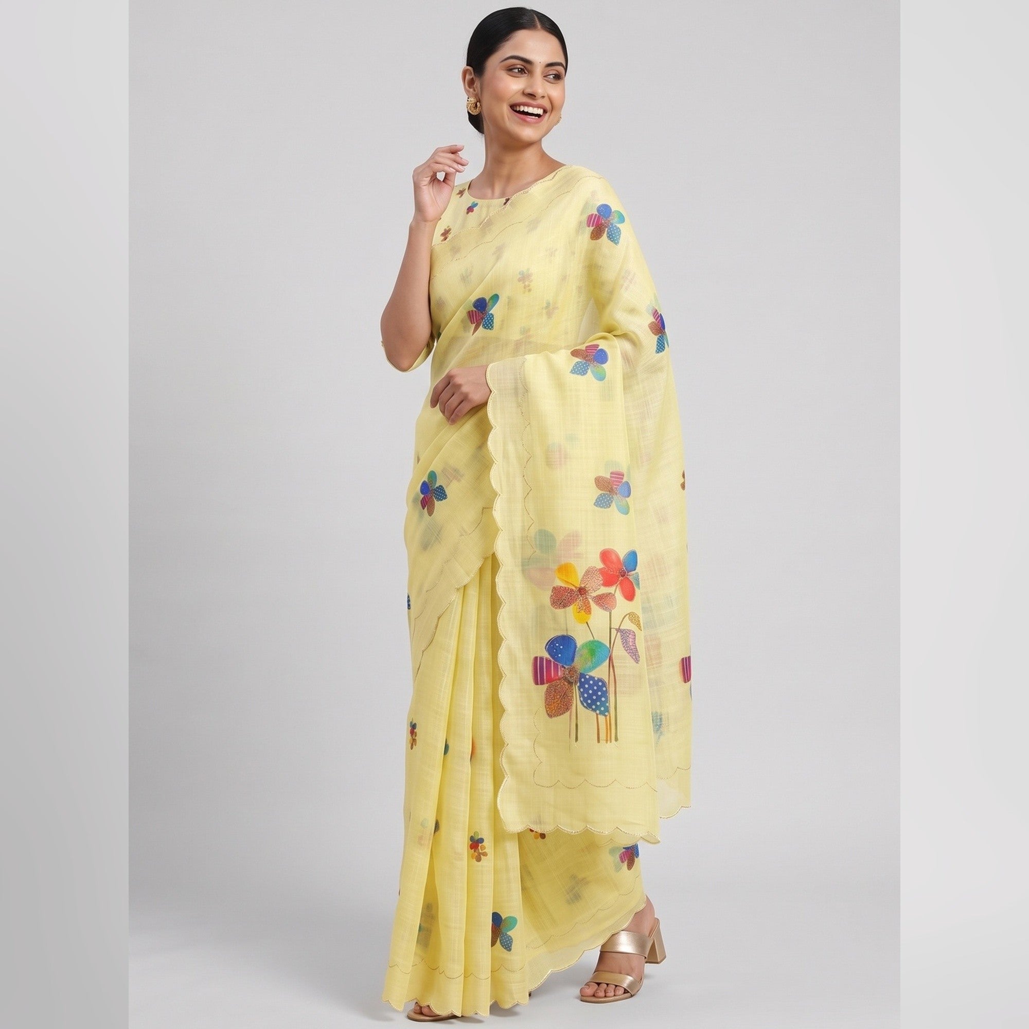Yellow Linen Saree Featuring Floral Digital Print With Zari Outline & Cutwork Border - Image 4