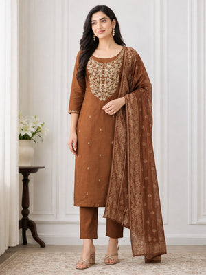 Peachmode Brown Embroidered Roman Silk Dress Material - Image 1