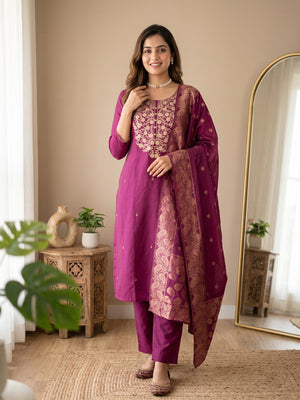 Peachmode Magenta Embroidered Roman Silk Dress Material - Image 1