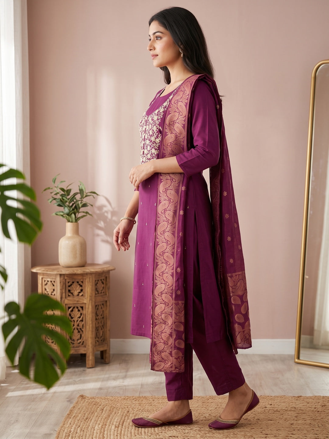 Peachmode Magenta Embroidered Roman Silk Dress Material - Image 2