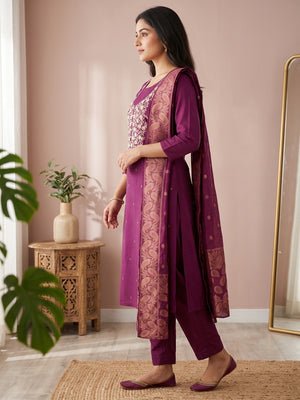 Peachmode Magenta Embroidered Roman Silk Dress Material - Image 2