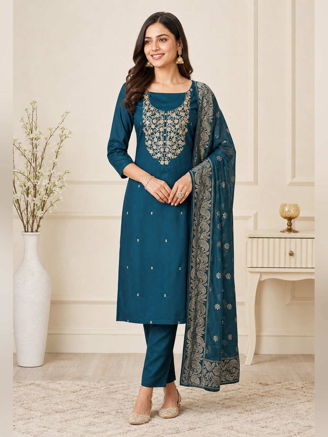 Peachmode Teal Embroidered Roman Silk Dress Material - Image 3