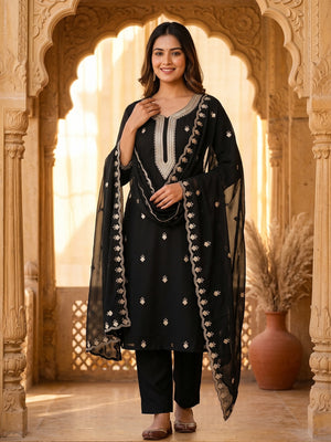 Rich Black Georgette Dress Material With Dazzling Sequins Embroidery - Image 1