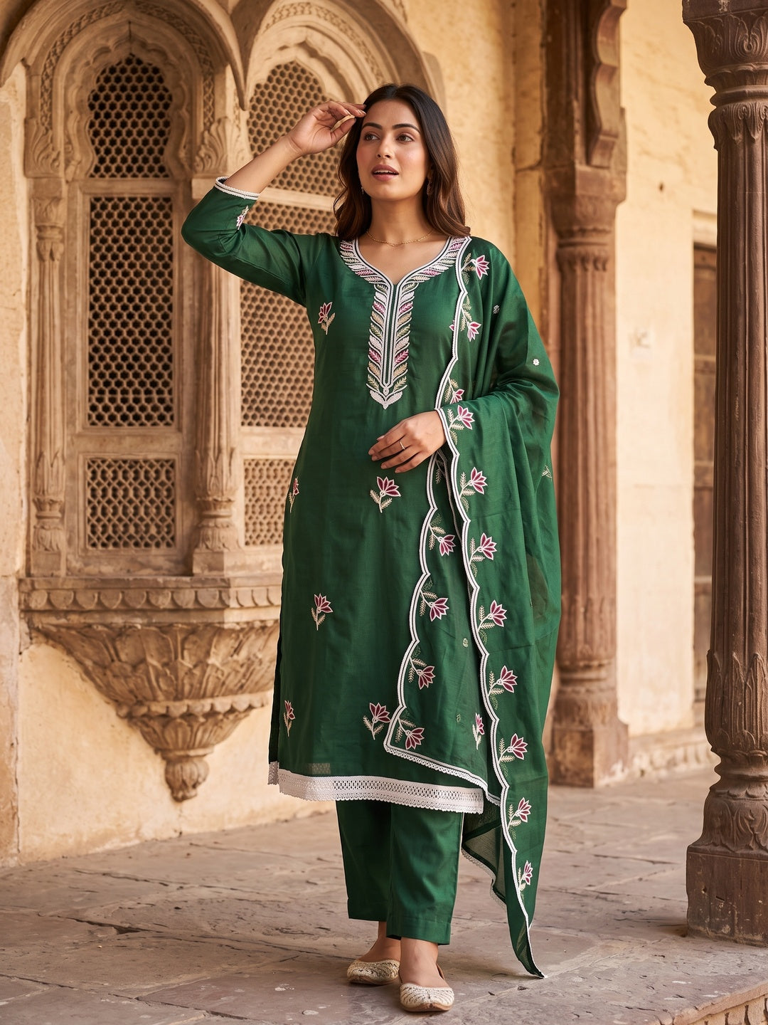 Elegant Green Chanderi Cotton Dress Material With Floral Thread Embroidery & Sequins Work - Image 1