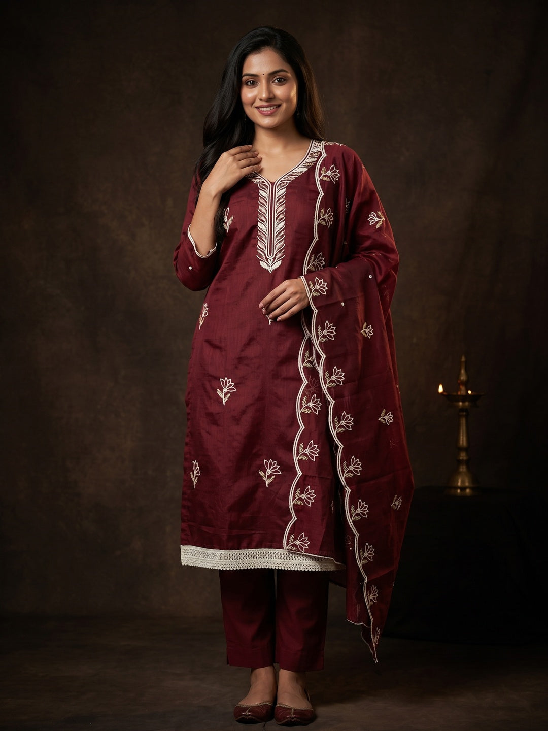 Rich Maroon Chanderi Cotton Dress Material With Exquisite Floral Thread Embroidery & Sequins Work - Image 1