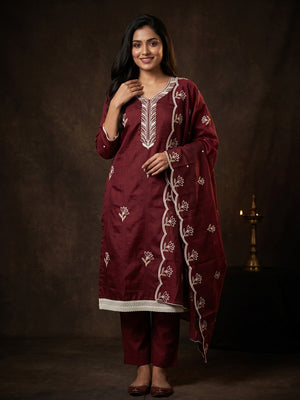 Rich Maroon Chanderi Cotton Dress Material With Exquisite Floral Thread Embroidery & Sequins Work - Image 1