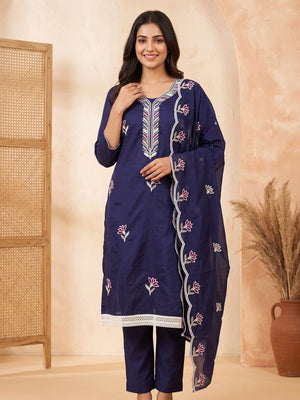 Graceful Navy Blue Chanderi Cotton Dress Material With Floral Thread Embroidery & Sequins Work - Image 1