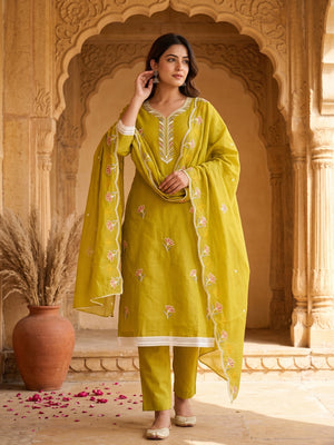 Elegant Olive Chanderi Cotton Dress Material With Floral Thread Embroidery & Sequins Work - Image 1