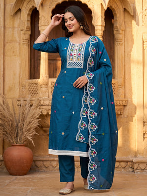Elegant Blue Floral Sequin Embroidered Cotton Blend Dress Material - Image 1