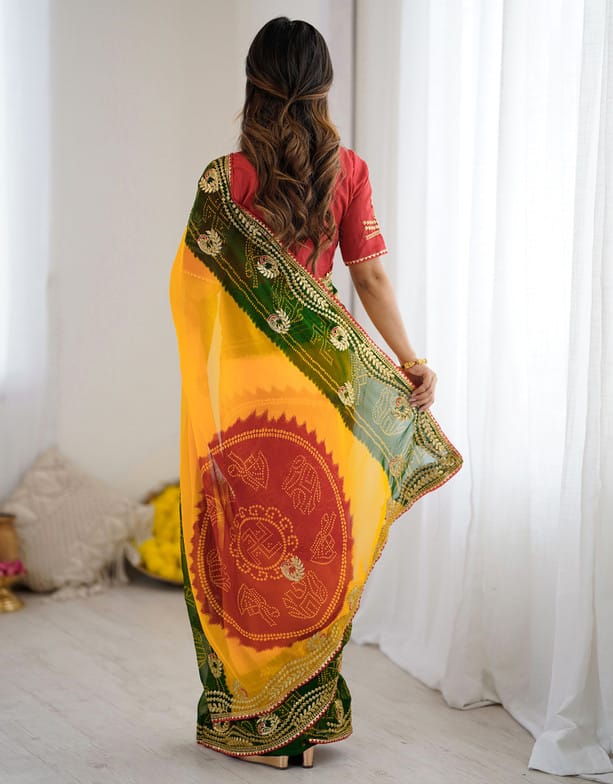 Peachmode Orange Multicolor Printed Embellished Georgette Saree - Image 2