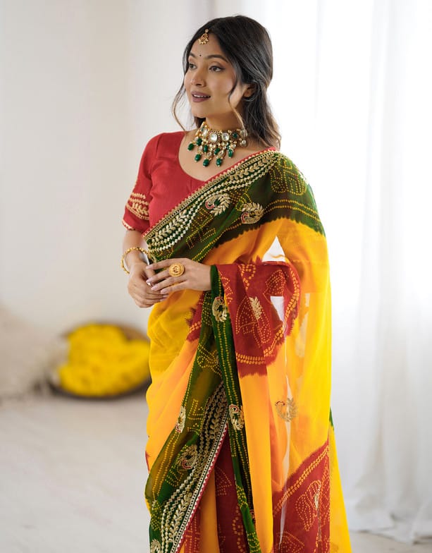 Peachmode Orange Multicolor Printed Embellished Georgette Saree - Image 3