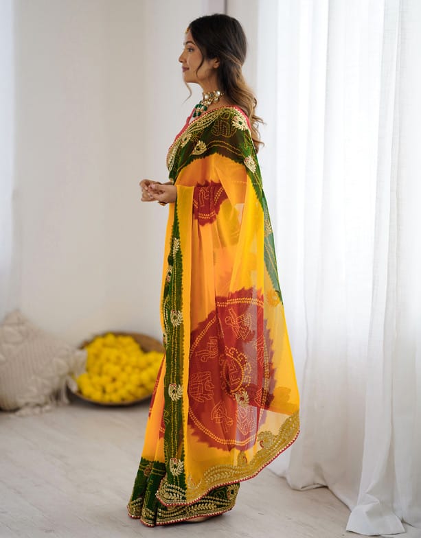 Peachmode Orange Multicolor Printed Embellished Georgette Saree - Image 4