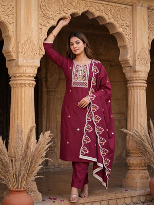 Charming Pink Floral Sequin Embroidered Cotton Blend Dress Material - Image 1