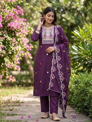 Luxurious Wine Floral Sequin Embroidered Cotton Blend Dress Material - Image 1