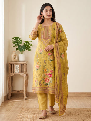 Mustard Dress Material in Muslin with Delicate Mirror Highlights - Image 1